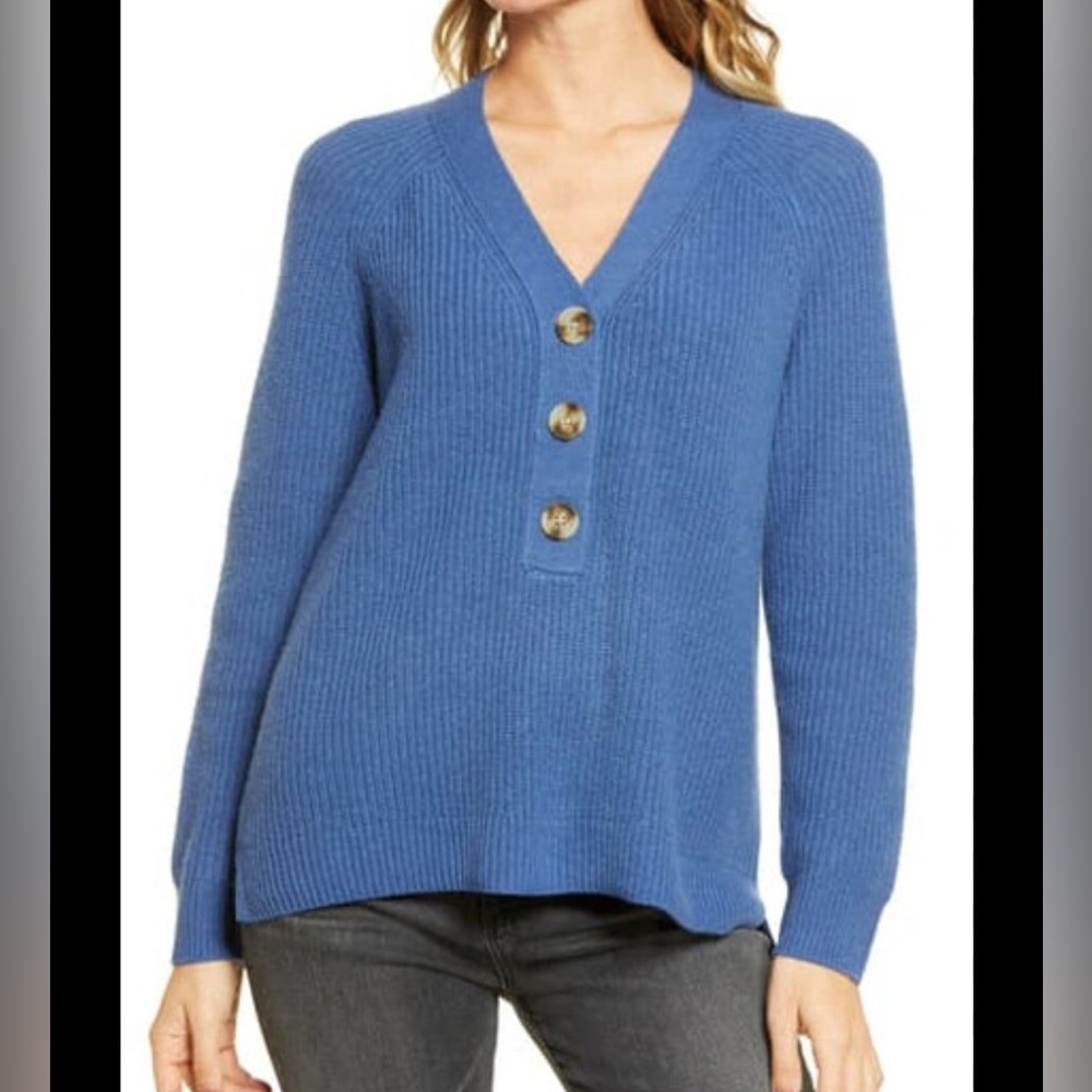 Madewell Royal Blue V-Neck Sweater With Button Detail